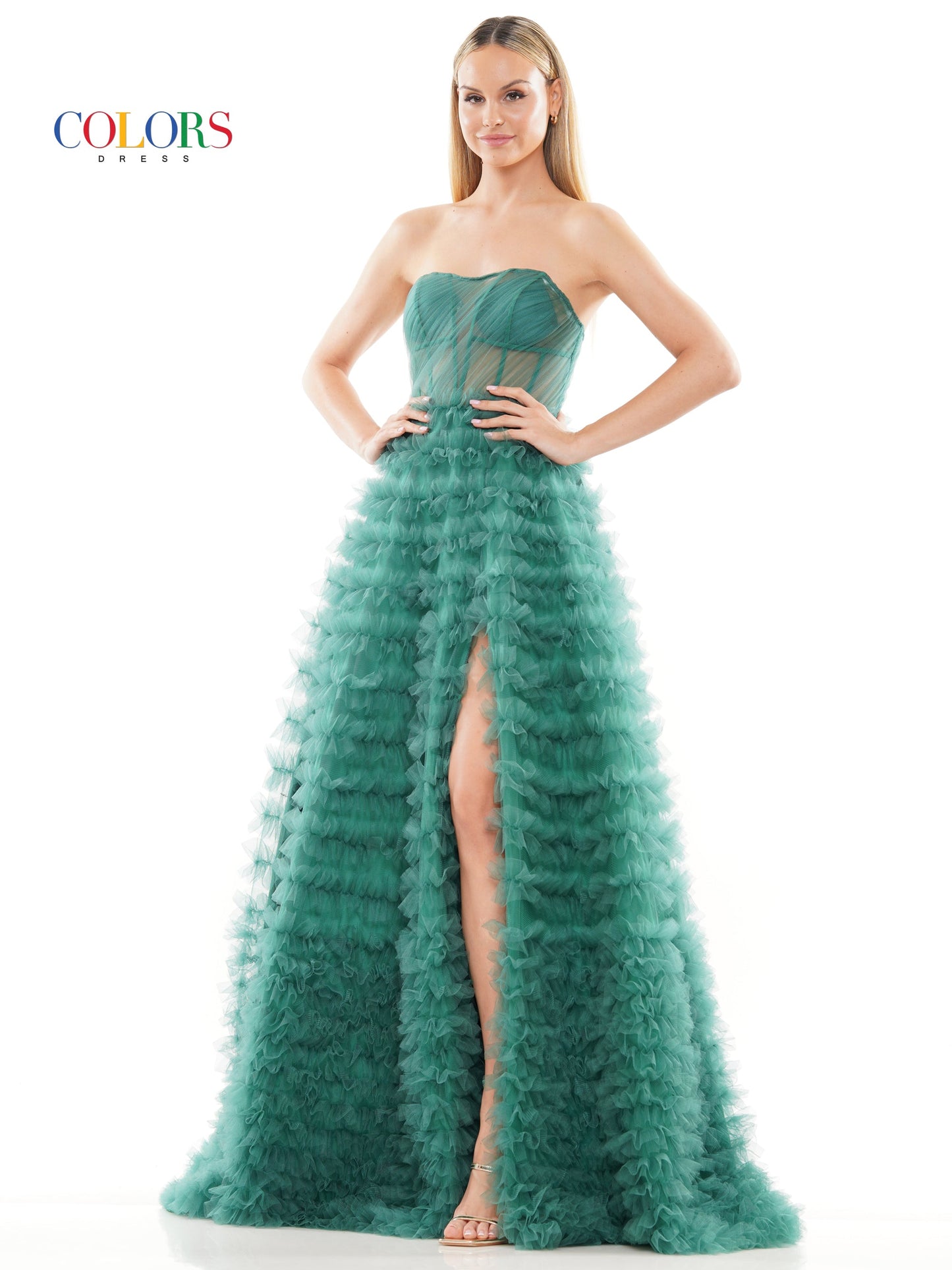 Colors 3184 Prom Long Strapless Mesh Ball Gown