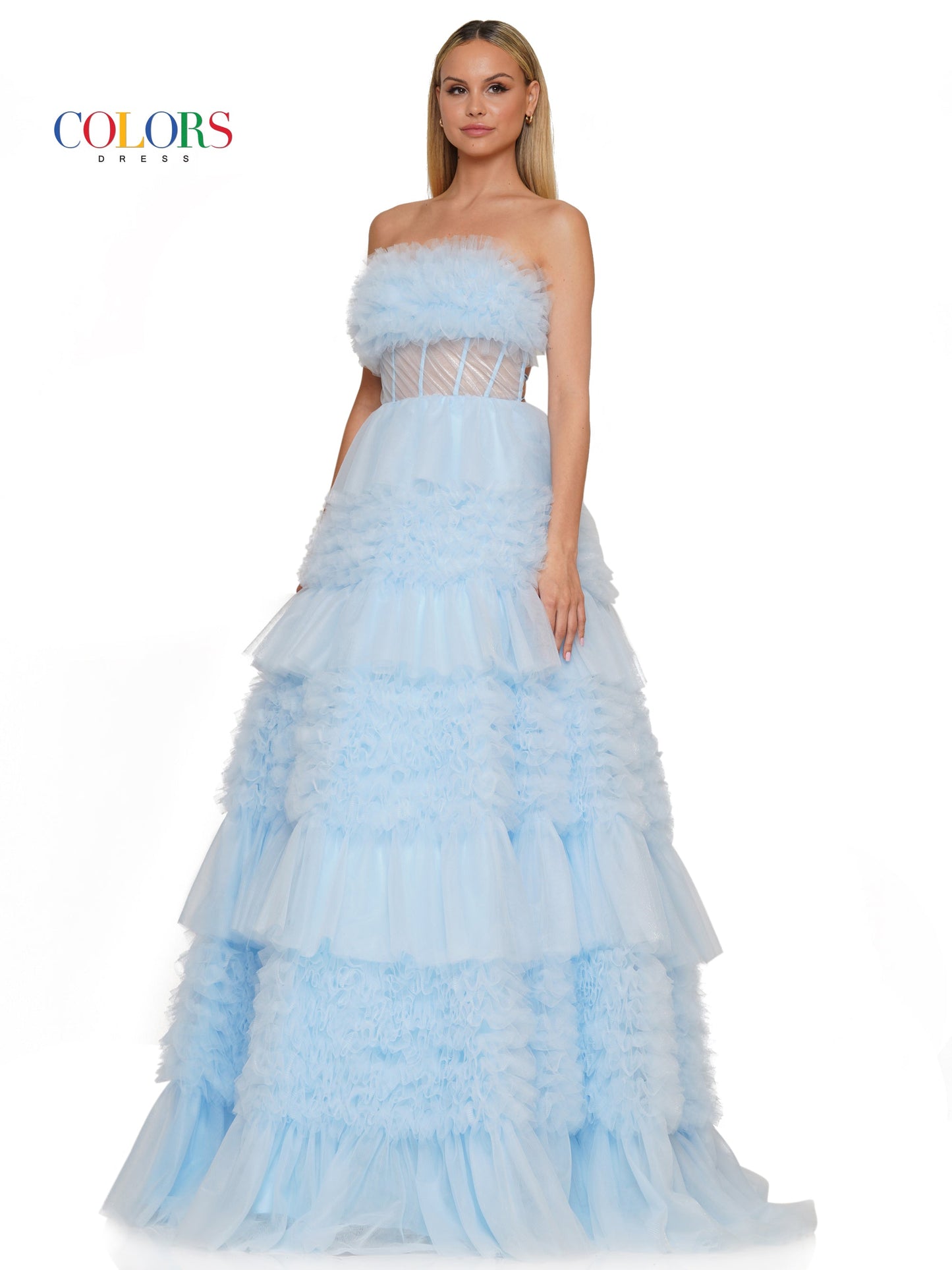 Colors 3185 Long Strapless Tiered Prom Ball Gown