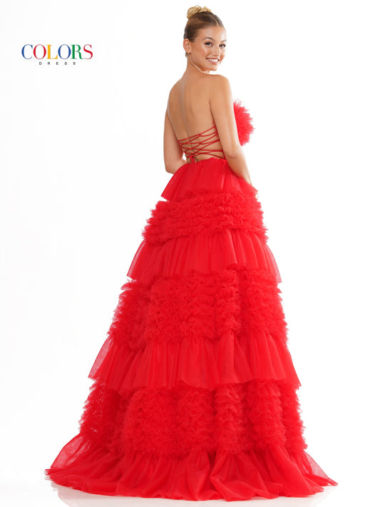 Colors 3185 Long Strapless Tiered Prom Ball Gown