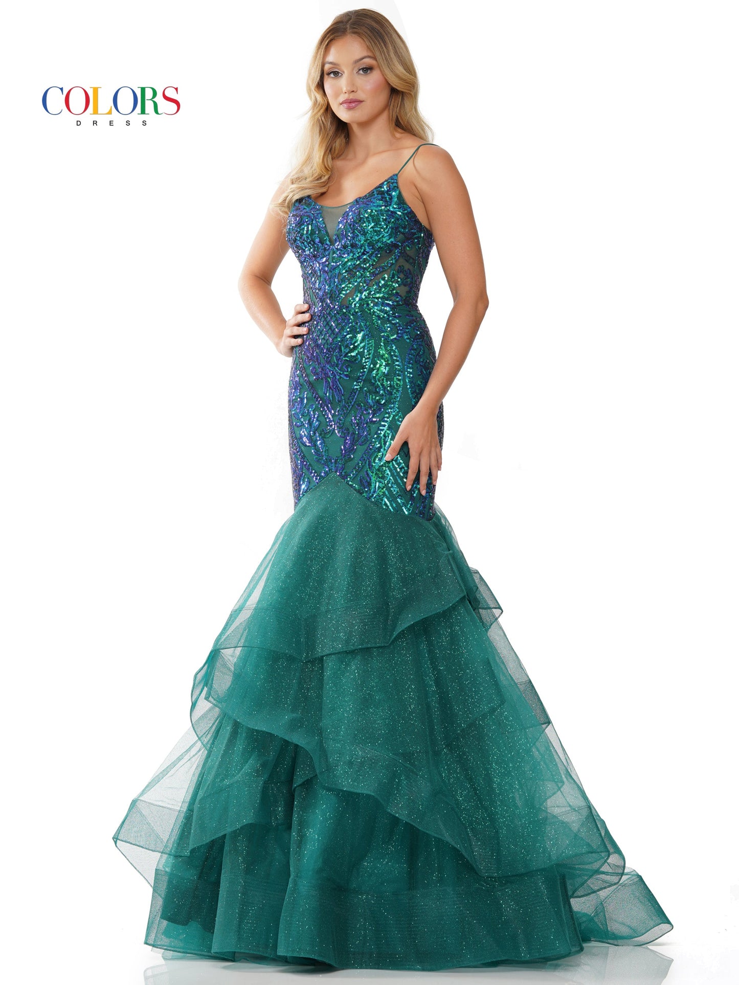 Colors 3200 Long Spaghetti Strap Glitter Mermaid Prom Dress