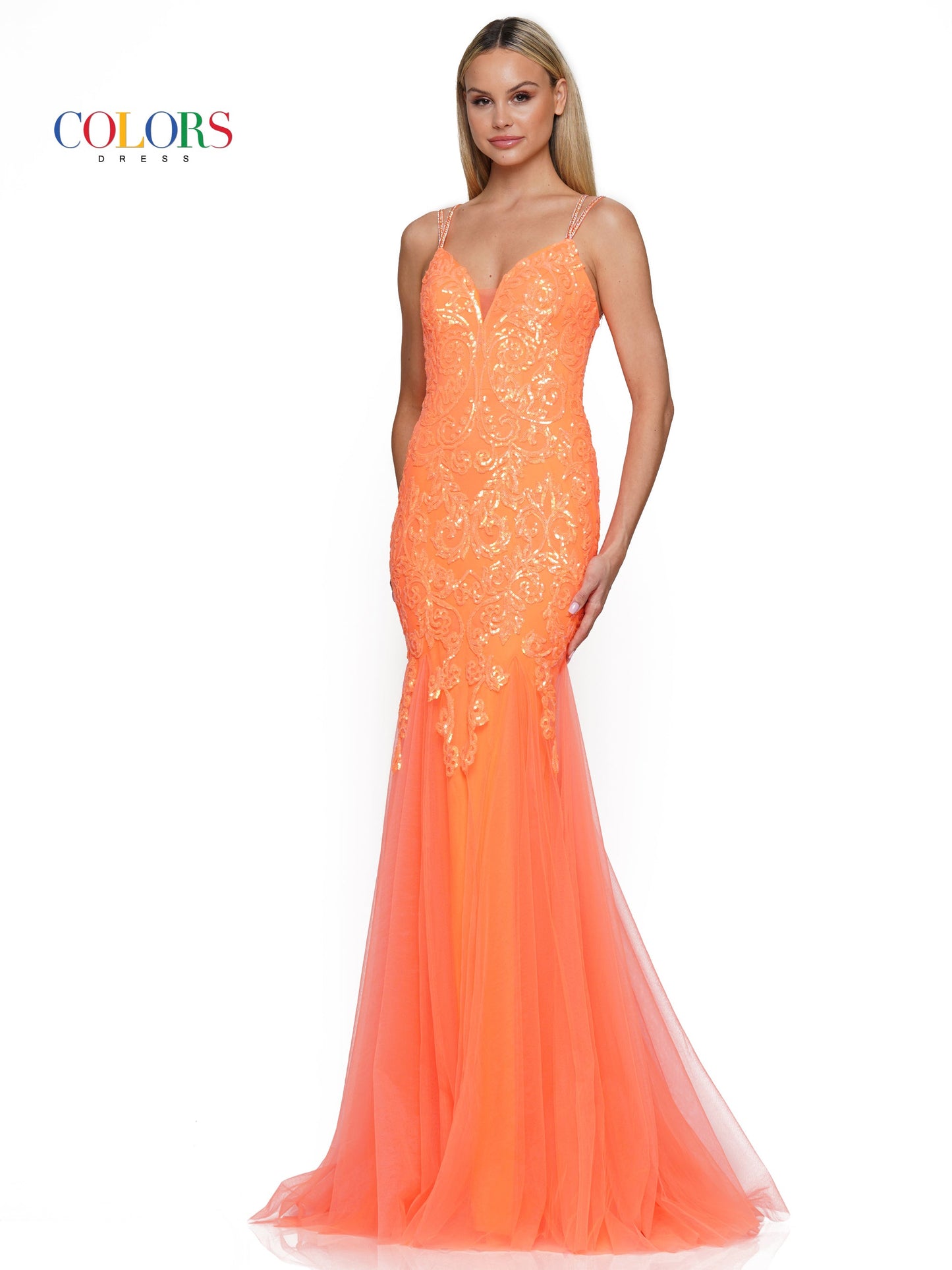 Colors 3208 Long Formal Sequin Mesh Prom Dress