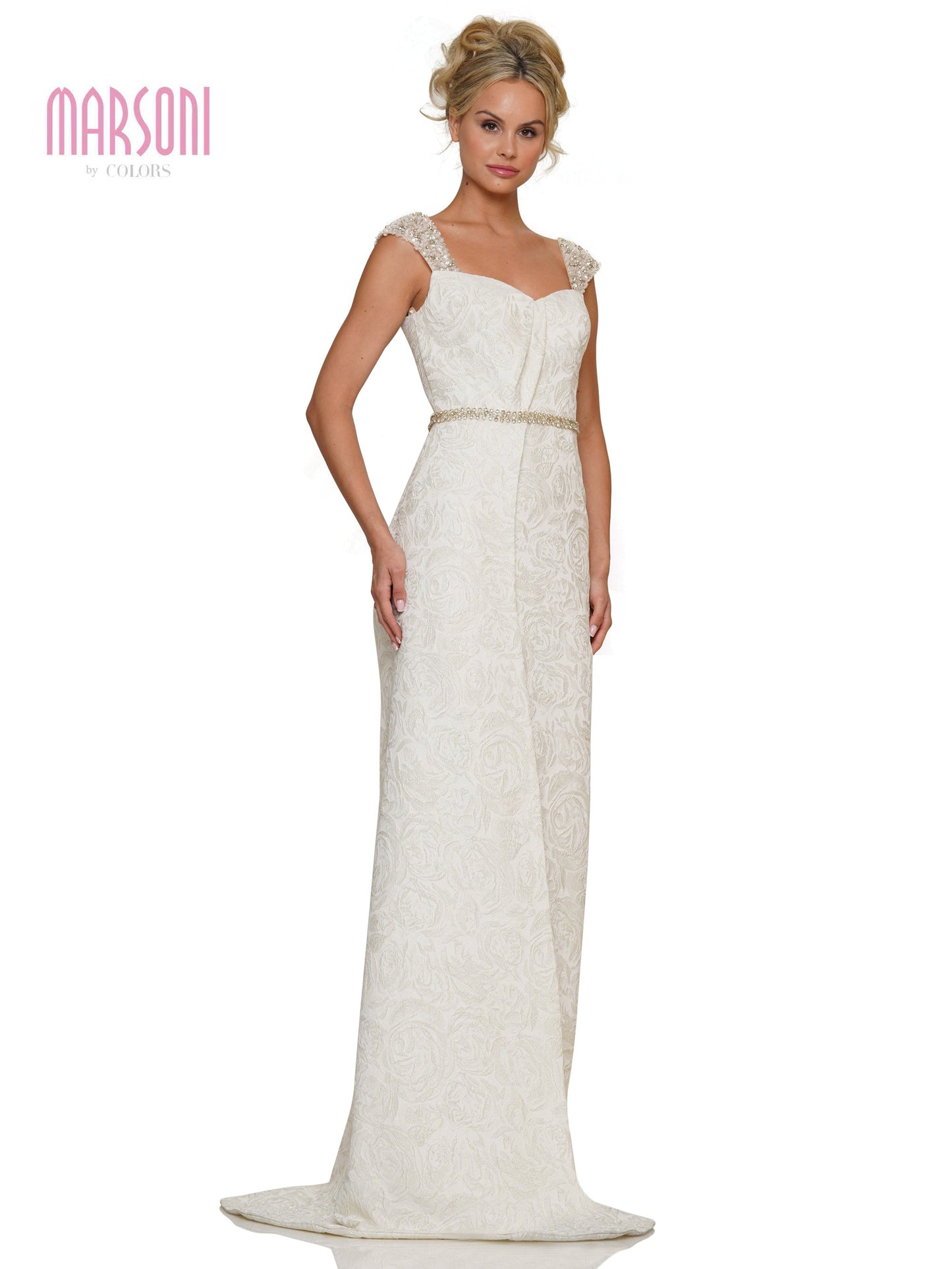 Marsoni MV1269 Long Formal Cap Sleeve Jacquard Sheath Dress