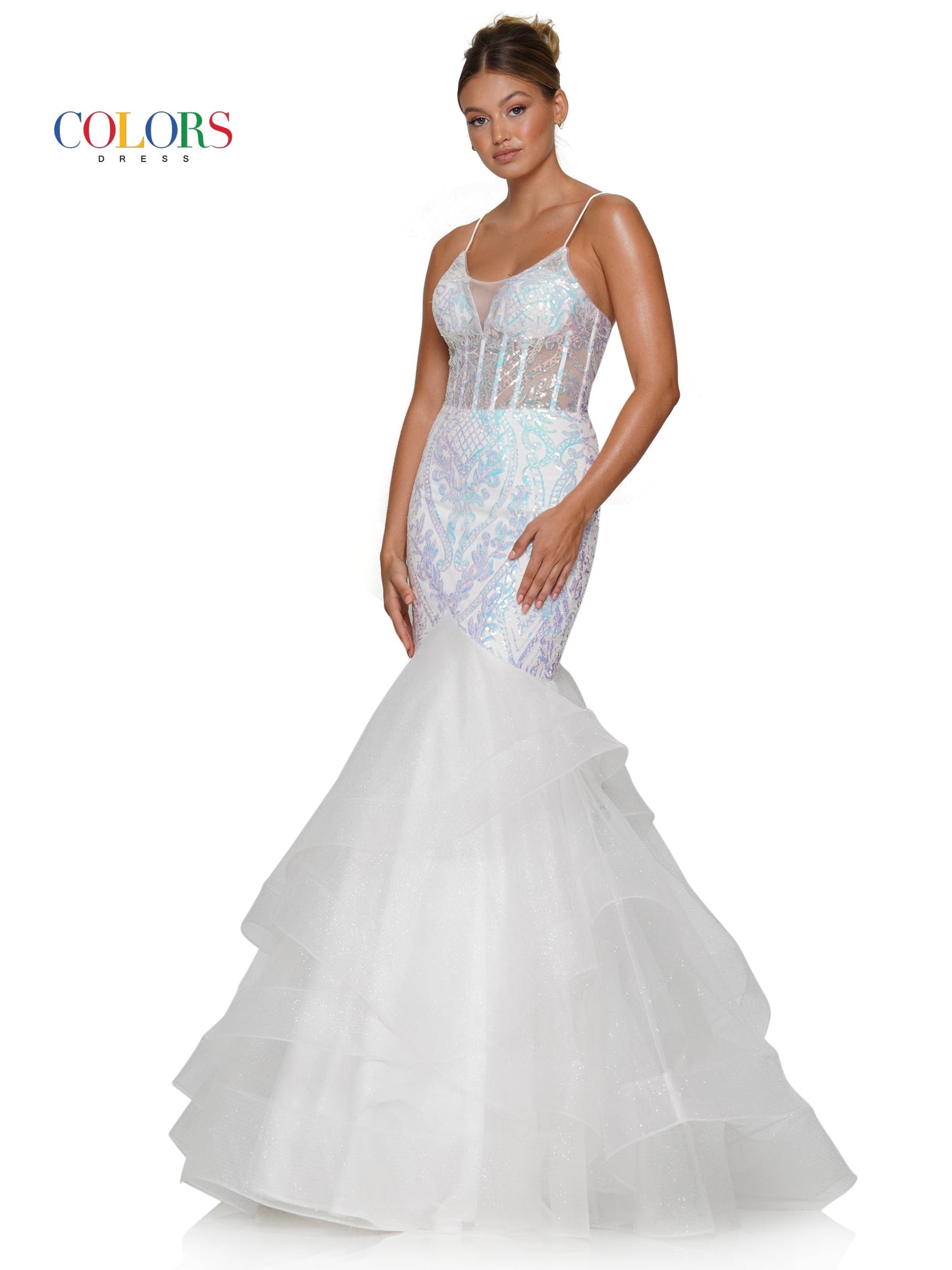 Colors 3200 Long Spaghetti Strap Glitter Mermaid Prom Dress