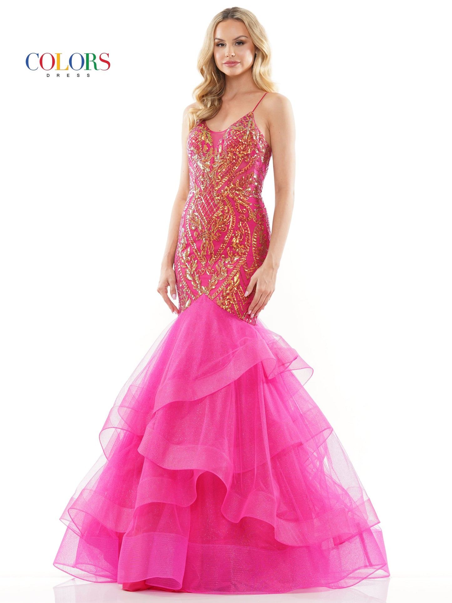 Colors 3200 Long Spaghetti Strap Glitter Mermaid Prom Dress