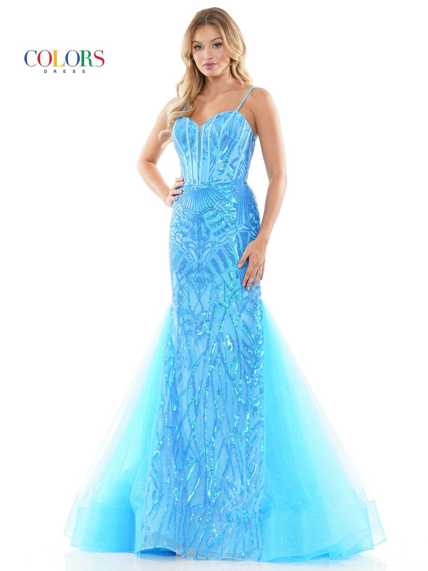 Colors 3203 Long Formal Glitter Mesh Mermaid Prom Dress