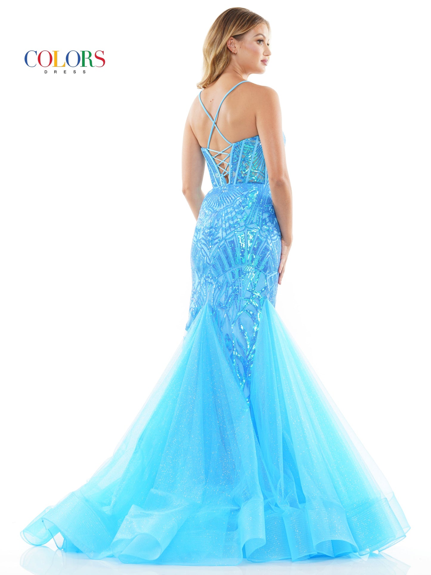 Colors 3203 Long Formal Glitter Mesh Mermaid Prom Dress