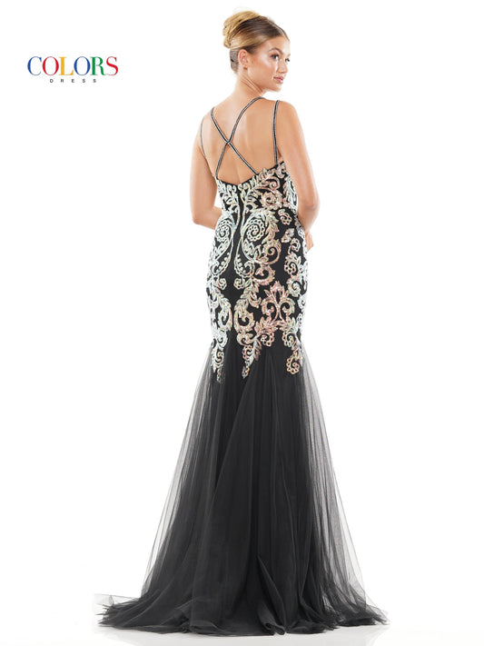 Colors 3208 Long Formal Sequin Mesh Prom Dress