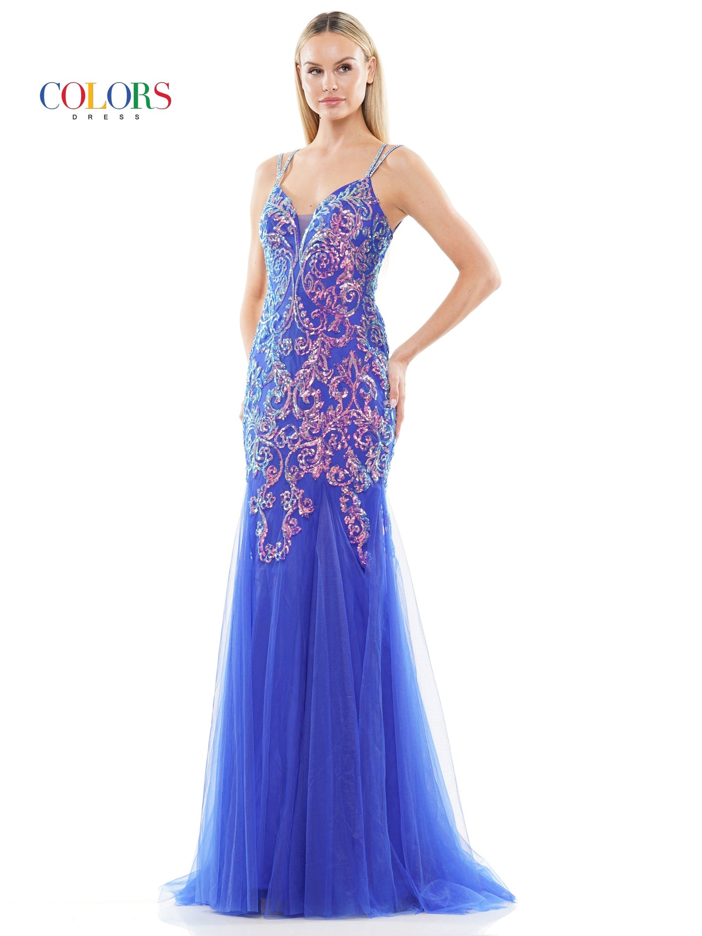 Colors 3208 Long Formal Sequin Mesh Prom Dress