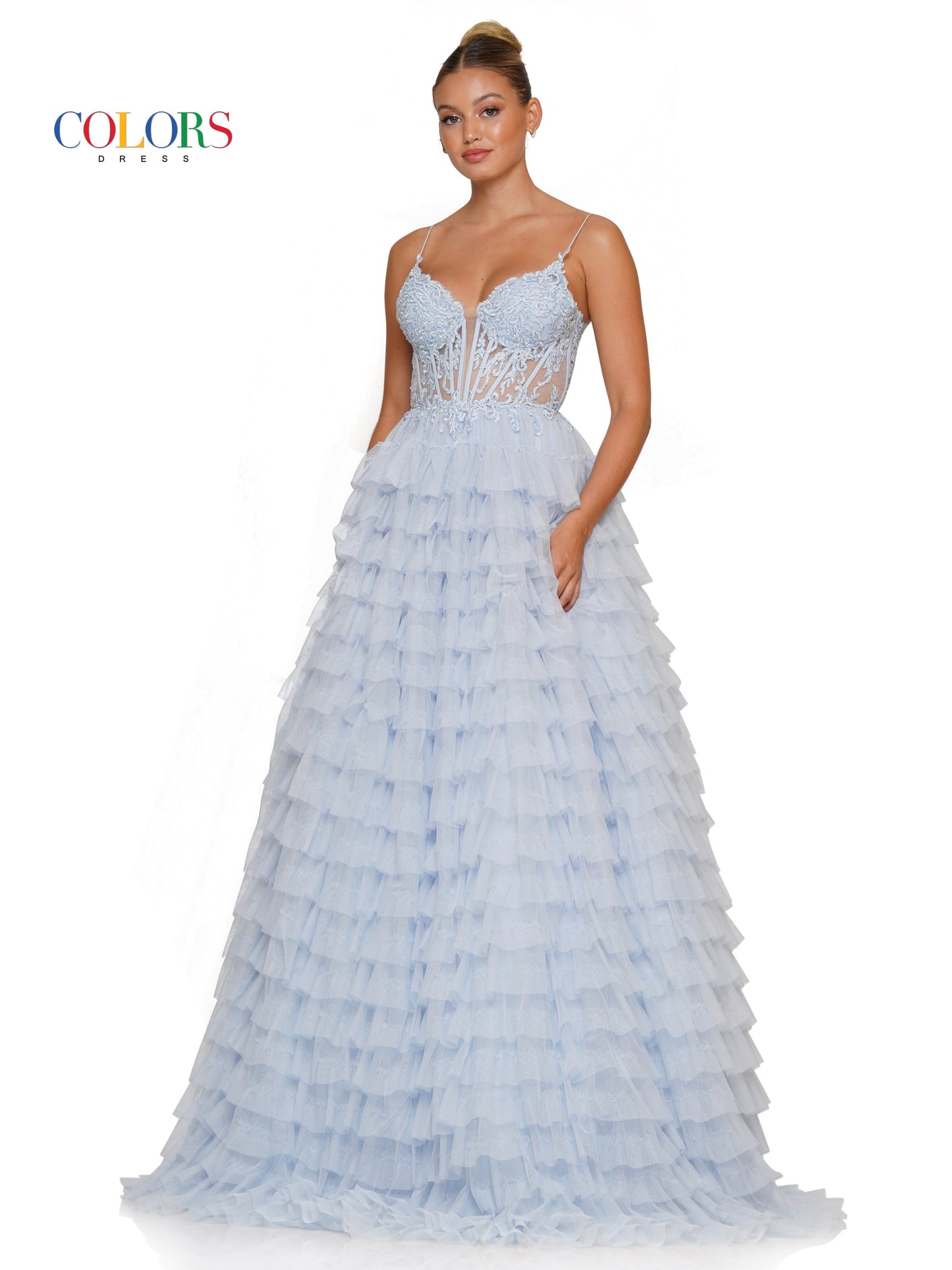 Colors 3219 Prom Long Spaghetti Strap Beaded mesh ball Gown