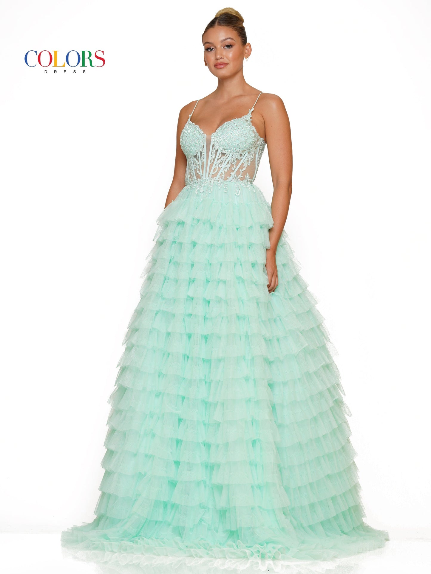 Colors 3219 Prom Long Spaghetti Strap Beaded mesh ball Gown