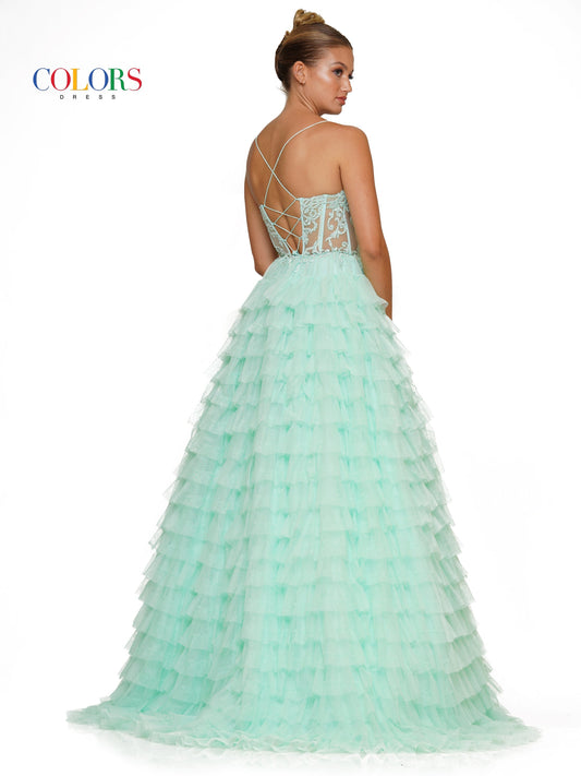 Colors 3219 Prom Long Spaghetti Strap Beaded mesh ball Gown