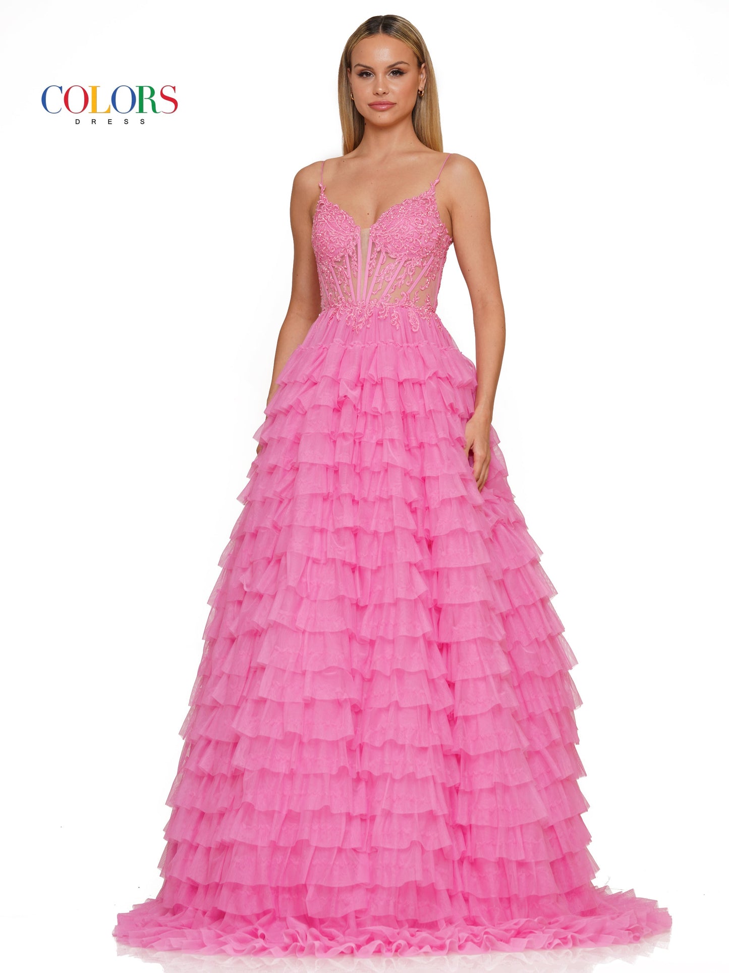 Colors 3219 Prom Long Spaghetti Strap Beaded mesh ball Gown