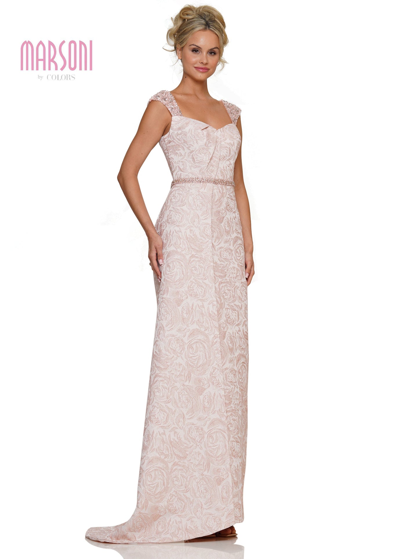Marsoni MV1269 Long Formal Cap Sleeve Jacquard Sheath Dress
