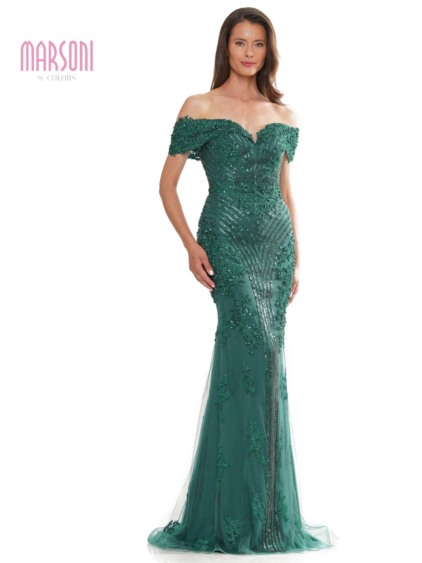 Marsoni MV1275 Off Shoulder Metallic Embroidered Tulle Formal Dress