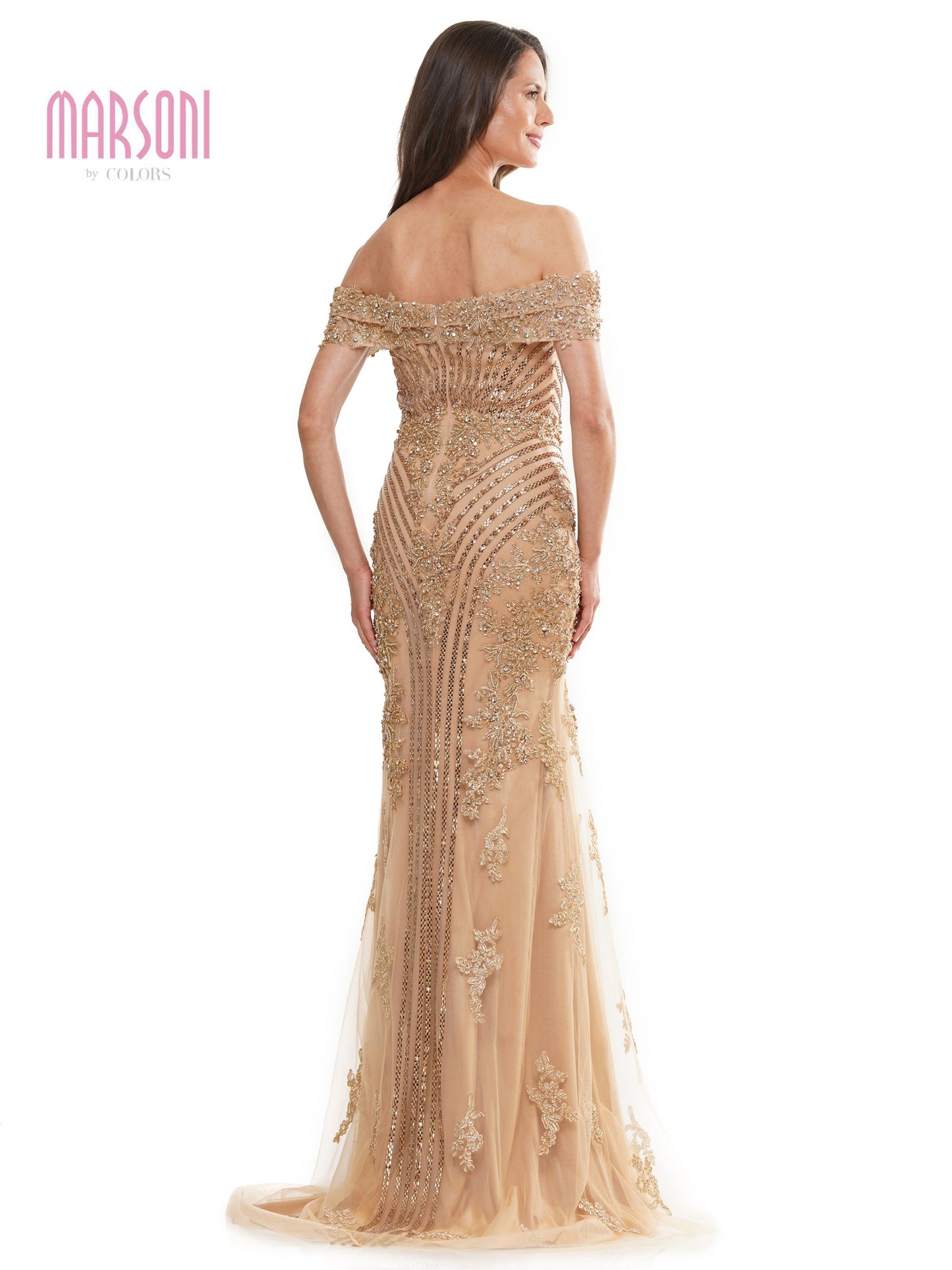 Marsoni MV1275 Off Shoulder Metallic Embroidered Tulle Formal Dress