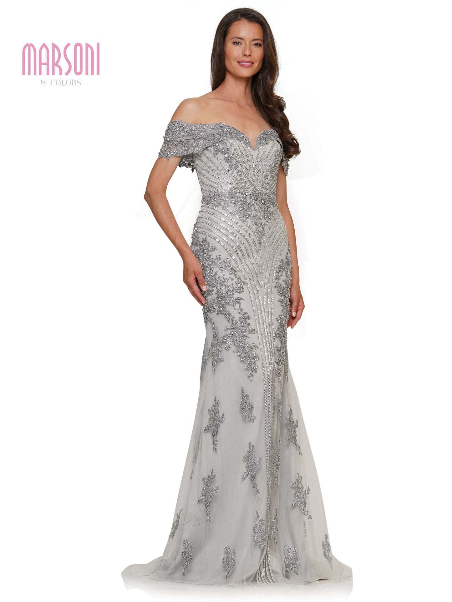 Marsoni MV1275 Off Shoulder Metallic Embroidered Tulle Formal Dress