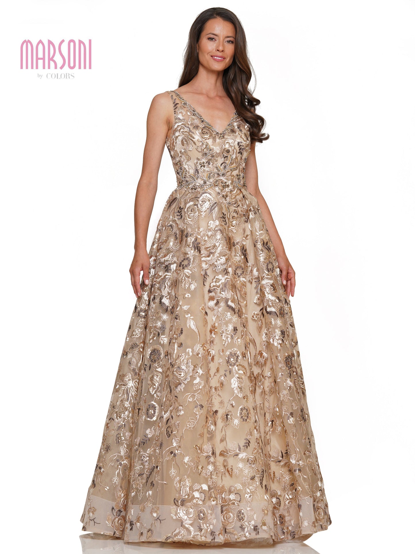 Marsoni MV1276 Long Sleeveless V Neck Embroidered Tulle Formal Prom Dress