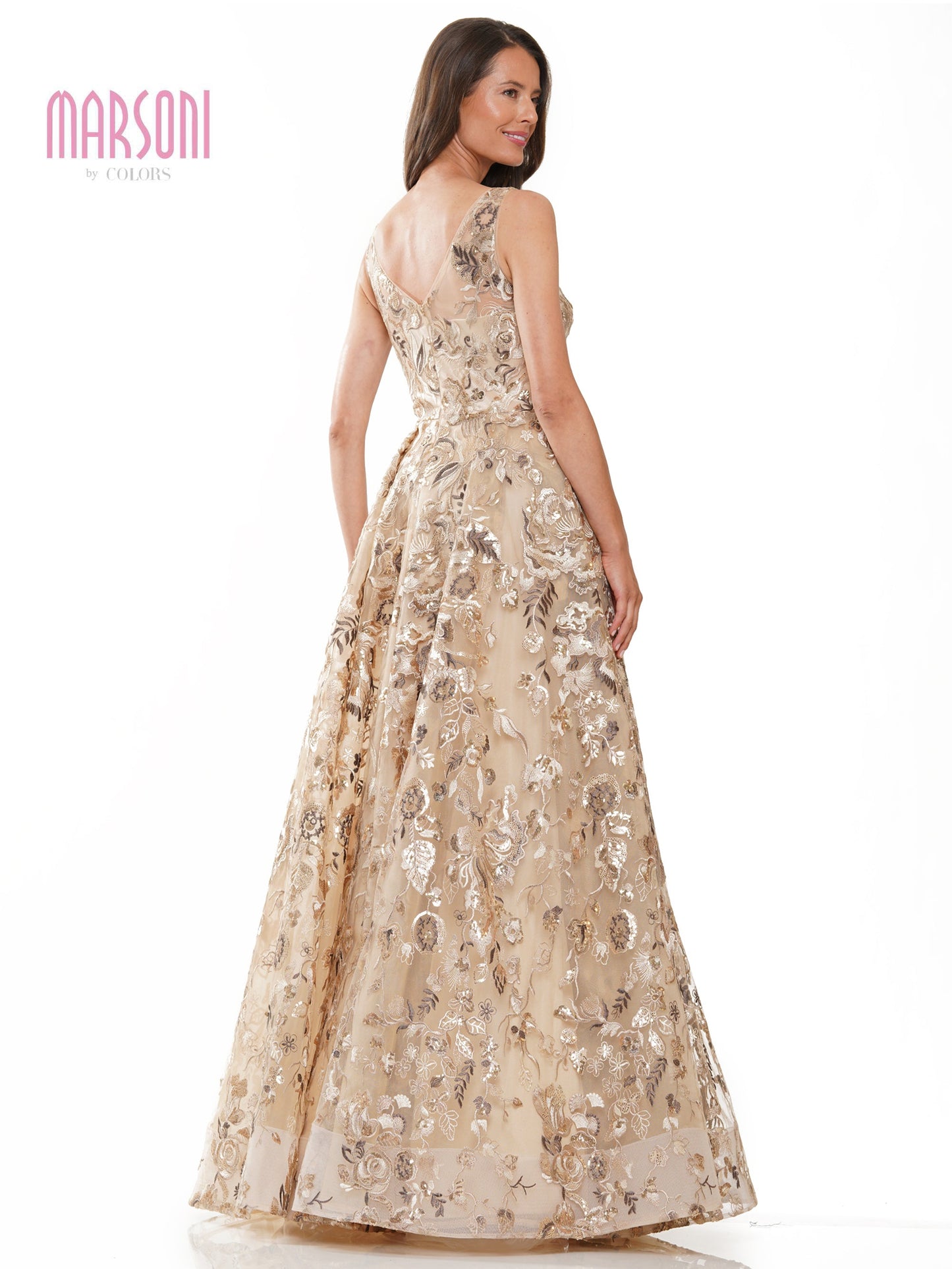 Marsoni MV1276 Long Sleeveless V Neck Embroidered Tulle Formal Prom Dress