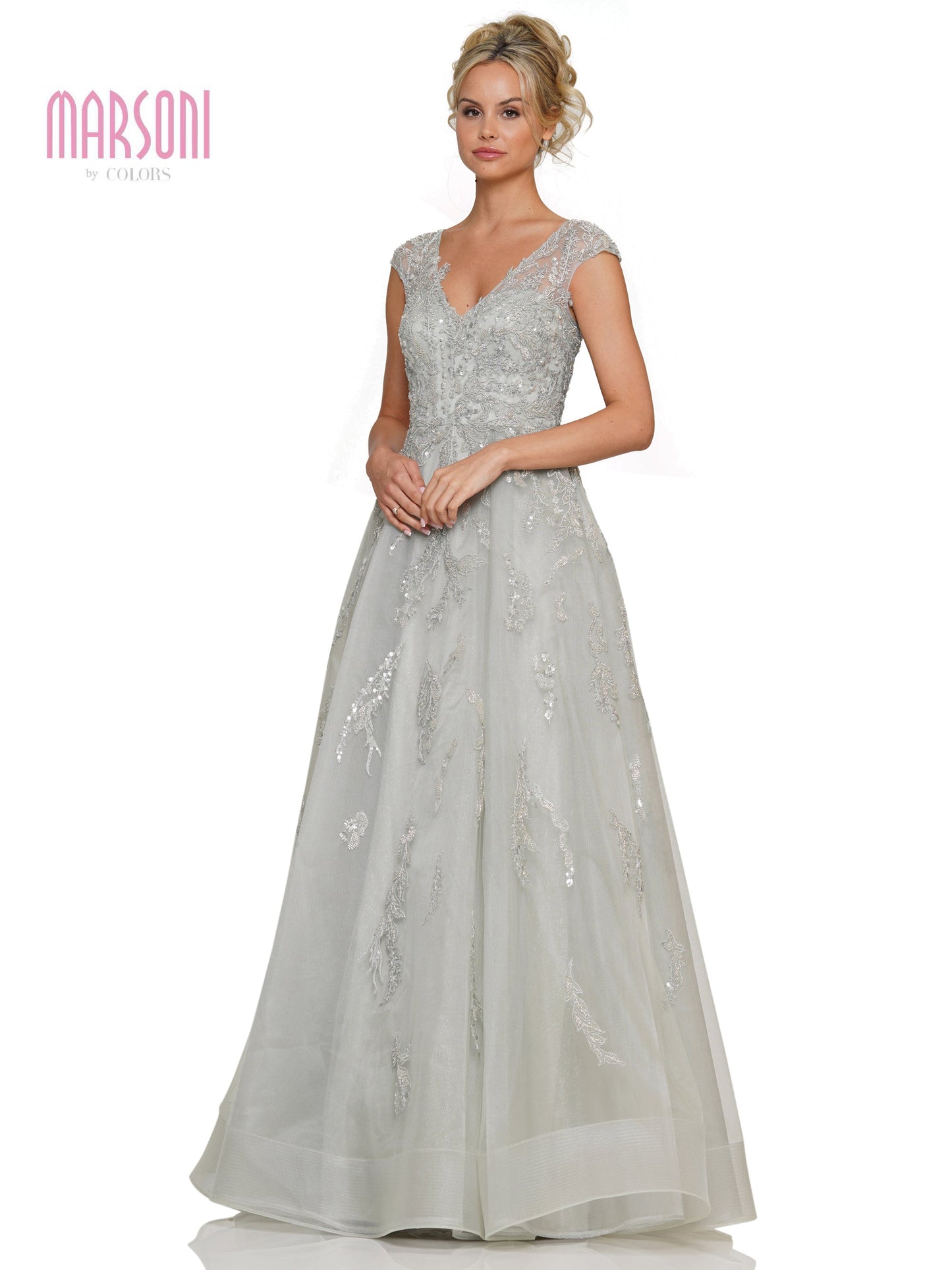 Marsoni MV1277 Cap Sleeve A Line Embroidered Tulle Formal Dress