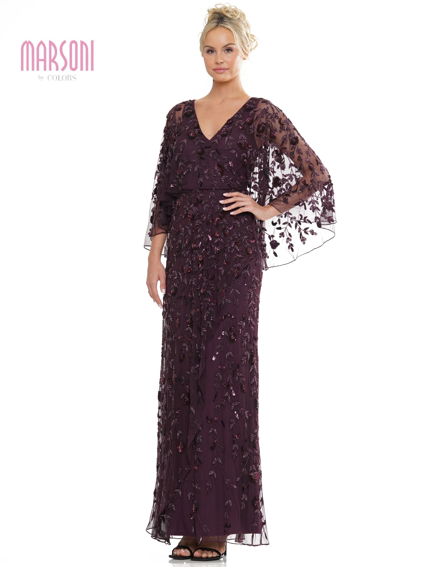 Marsoni MV1282 Mother of the Bride Beaded Mesh Cape Sleeve Dress