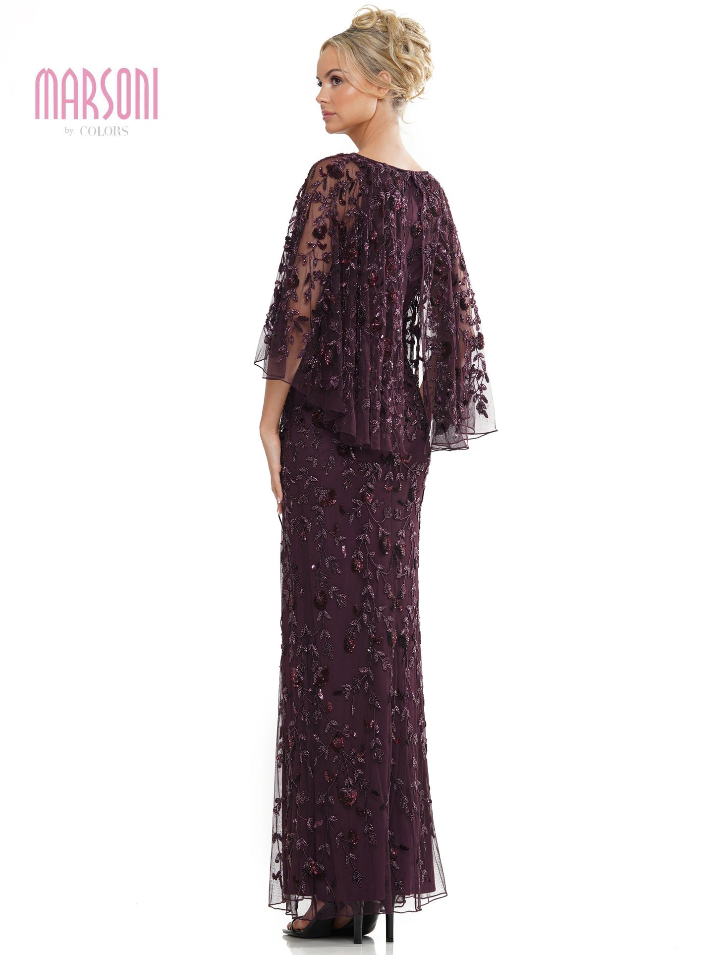 Marsoni MV1282 Mother of the Bride Beaded Mesh Cape Sleeve Dress