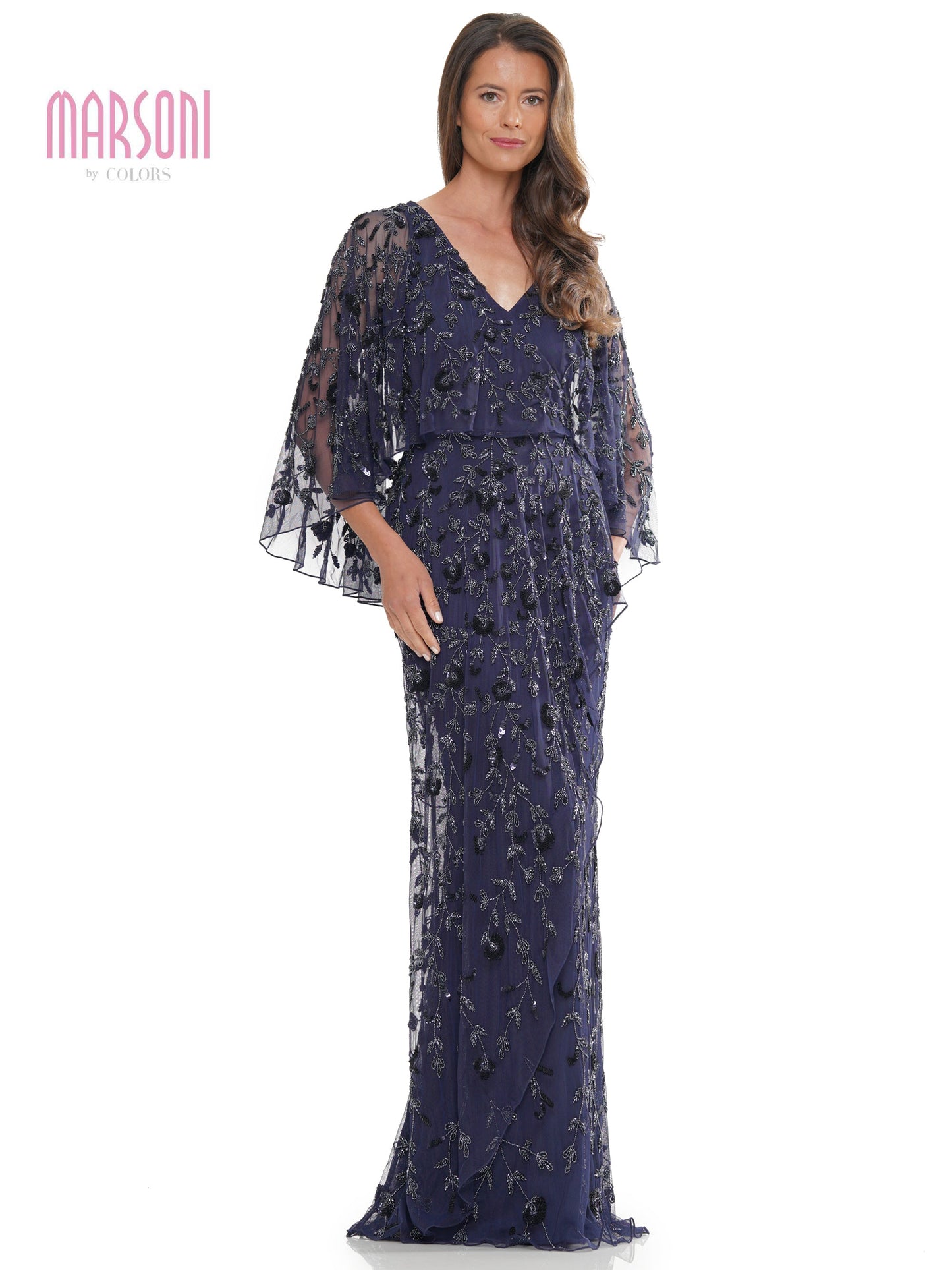 Marsoni MV1282 Mother of the Bride Beaded Mesh Cape Sleeve Dress