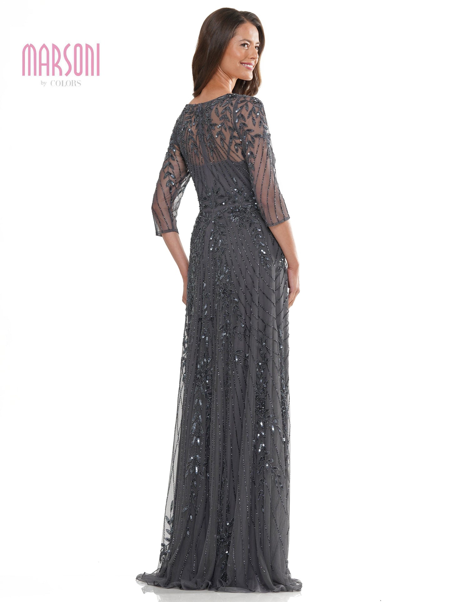 Marsoni MV1283 Mother of the Bride Beaded Mesh Quarter Sleeve Sheath Dress