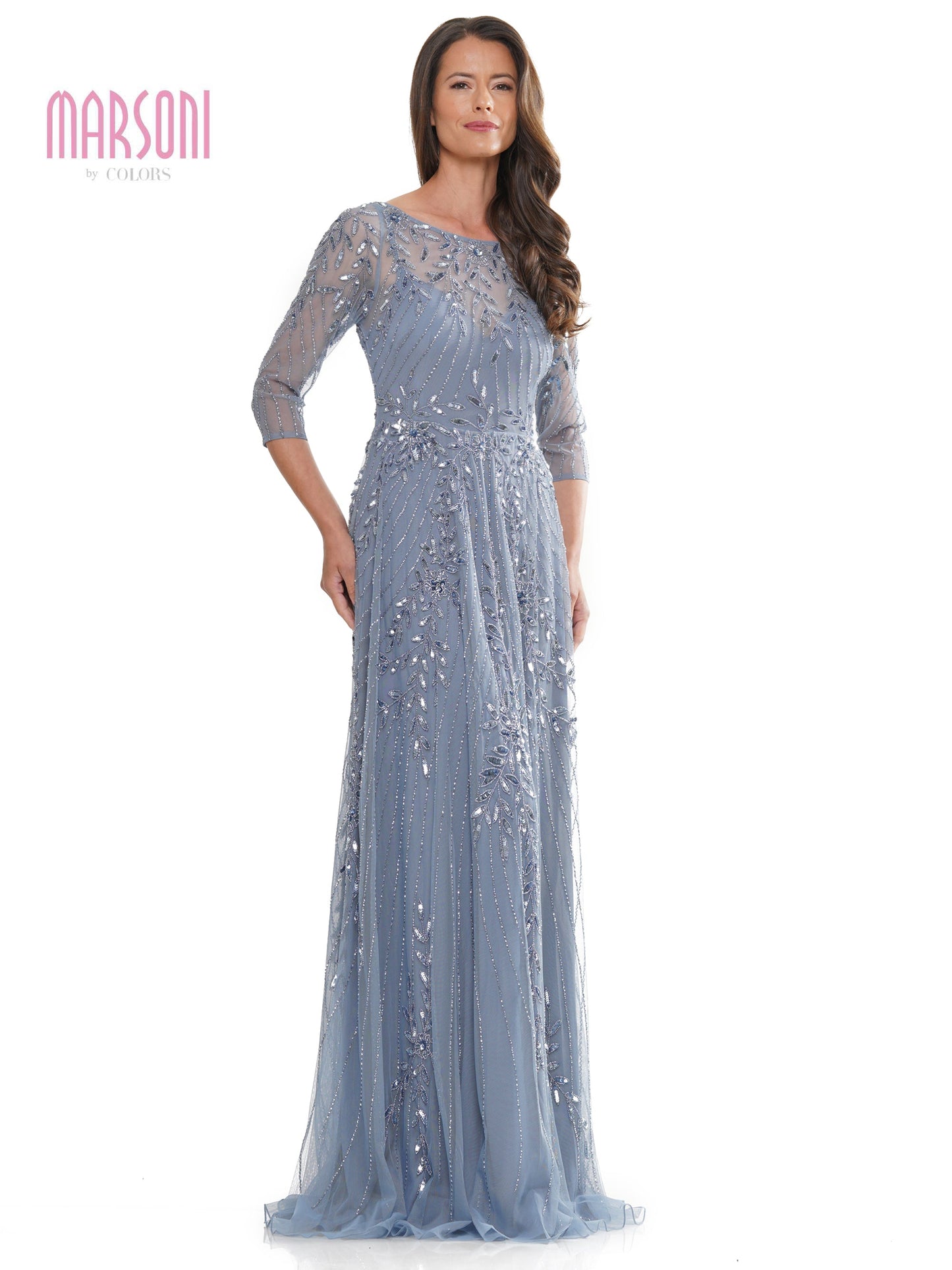 Marsoni MV1283 Mother of the Bride Beaded Mesh Quarter Sleeve Sheath Dress